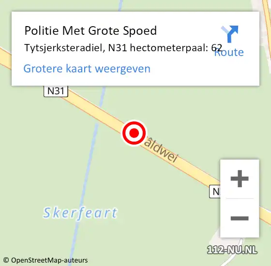 Locatie op kaart van de 112 melding: Politie Met Grote Spoed Naar Tytsjerksteradiel, N31 hectometerpaal: 62 op 14 april 2023 23:45