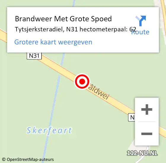 Locatie op kaart van de 112 melding: Brandweer Met Grote Spoed Naar Tytsjerksteradiel, N31 hectometerpaal: 62 op 14 april 2023 23:47