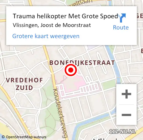 Locatie op kaart van de 112 melding: Trauma helikopter Met Grote Spoed Naar Vlissingen, Joost de Moorstraat op 15 april 2023 03:12