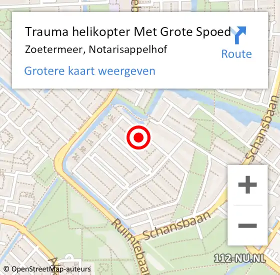 Locatie op kaart van de 112 melding: Trauma helikopter Met Grote Spoed Naar Zoetermeer, Notarisappelhof op 15 april 2023 04:35