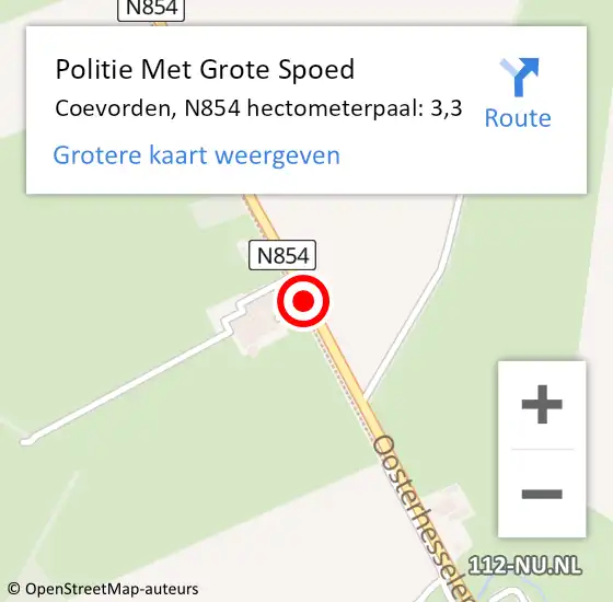 Locatie op kaart van de 112 melding: Politie Met Grote Spoed Naar Coevorden, N854 hectometerpaal: 3,3 op 15 april 2023 05:02