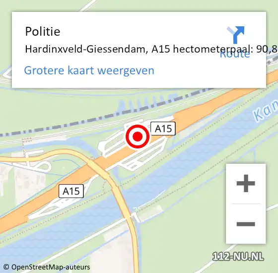 Locatie op kaart van de 112 melding: Politie Hardinxveld-Giessendam, A15 hectometerpaal: 90,8 op 15 april 2023 08:08