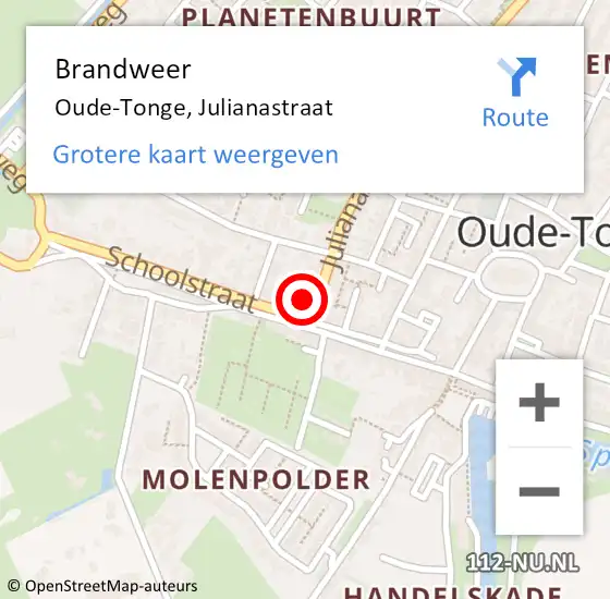 Locatie op kaart van de 112 melding: Brandweer Oude-Tonge, Julianastraat op 15 april 2023 08:23