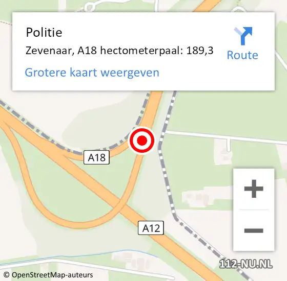 Locatie op kaart van de 112 melding: Politie Zevenaar, A18 hectometerpaal: 189,3 op 15 april 2023 10:13