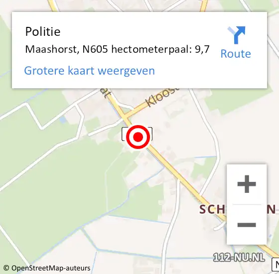 Locatie op kaart van de 112 melding: Politie Maashorst, N605 hectometerpaal: 9,7 op 15 april 2023 12:24