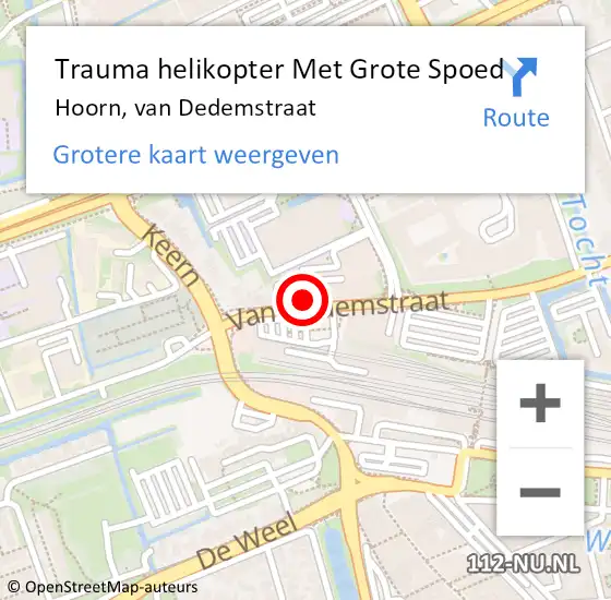 Locatie op kaart van de 112 melding: Trauma helikopter Met Grote Spoed Naar Hoorn, van Dedemstraat op 15 april 2023 12:46