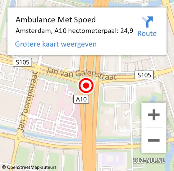 Locatie op kaart van de 112 melding: Ambulance Met Spoed Naar Amsterdam, A10 hectometerpaal: 24,9 op 15 april 2023 12:51