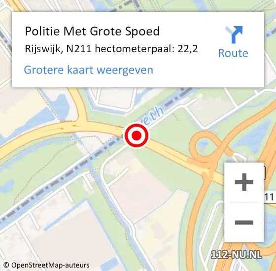 Locatie op kaart van de 112 melding: Politie Met Grote Spoed Naar Rijswijk, N211 hectometerpaal: 22,2 op 15 april 2023 14:27