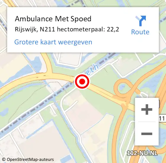 Locatie op kaart van de 112 melding: Ambulance Met Spoed Naar Rijswijk, N211 hectometerpaal: 22,2 op 15 april 2023 14:28