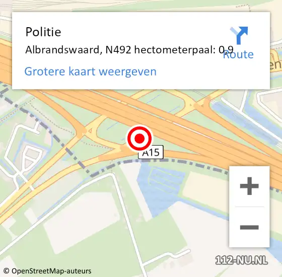 Locatie op kaart van de 112 melding: Politie Albrandswaard, N492 hectometerpaal: 0,9 op 15 april 2023 14:42