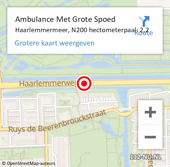 Locatie op kaart van de 112 melding: Ambulance Met Grote Spoed Naar Haarlemmermeer, N200 hectometerpaal: 2,2 op 15 april 2023 15:27