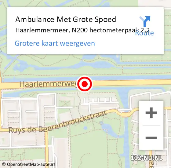Locatie op kaart van de 112 melding: Ambulance Met Grote Spoed Naar Haarlemmermeer, N200 hectometerpaal: 2,2 op 15 april 2023 15:29