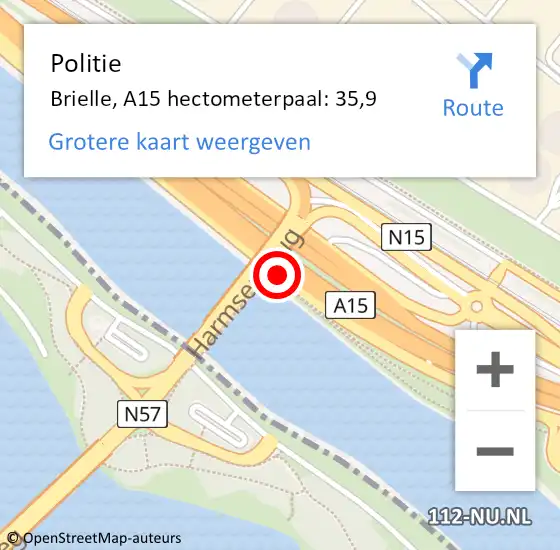 Locatie op kaart van de 112 melding: Politie Brielle, A15 hectometerpaal: 35,9 op 15 april 2023 15:30