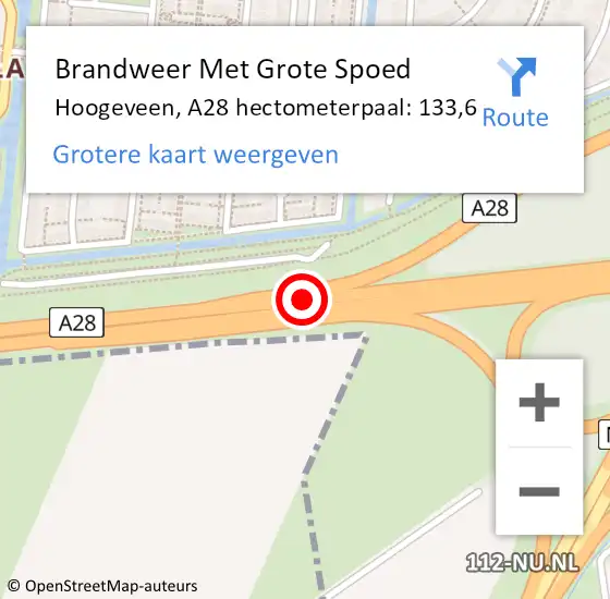 Locatie op kaart van de 112 melding: Brandweer Met Grote Spoed Naar Hoogeveen, A28 hectometerpaal: 133,6 op 15 april 2023 15:54