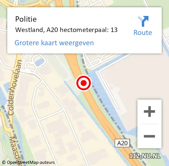 Locatie op kaart van de 112 melding: Politie Westland, A20 hectometerpaal: 13 op 15 april 2023 16:56