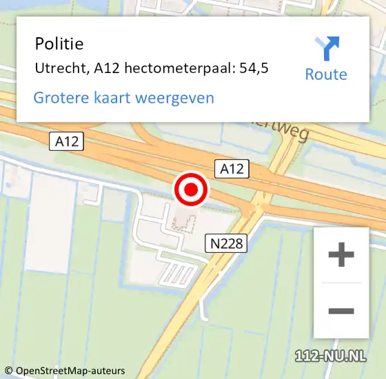 Locatie op kaart van de 112 melding: Politie Utrecht, A12 hectometerpaal: 54,5 op 15 april 2023 18:49