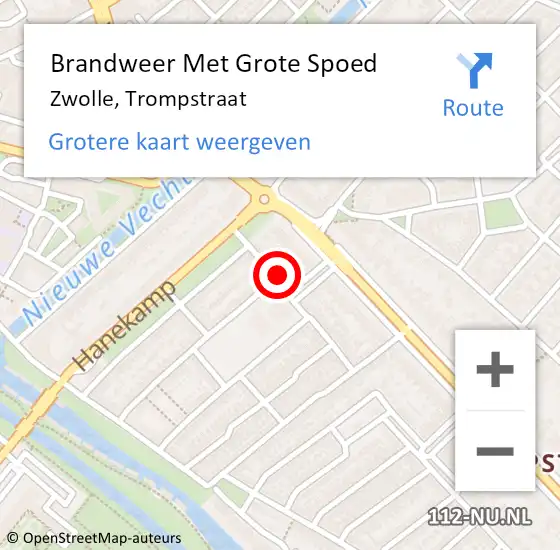 Locatie op kaart van de 112 melding: Brandweer Met Grote Spoed Naar Zwolle, Trompstraat op 15 april 2023 19:56