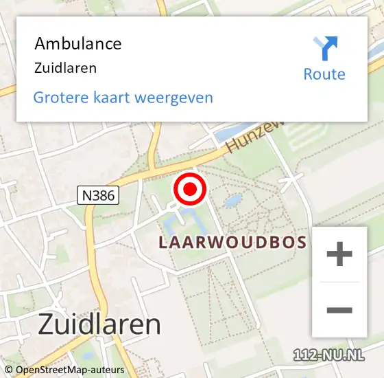 Locatie op kaart van de 112 melding: Ambulance Zuidlaren op 15 april 2023 21:23