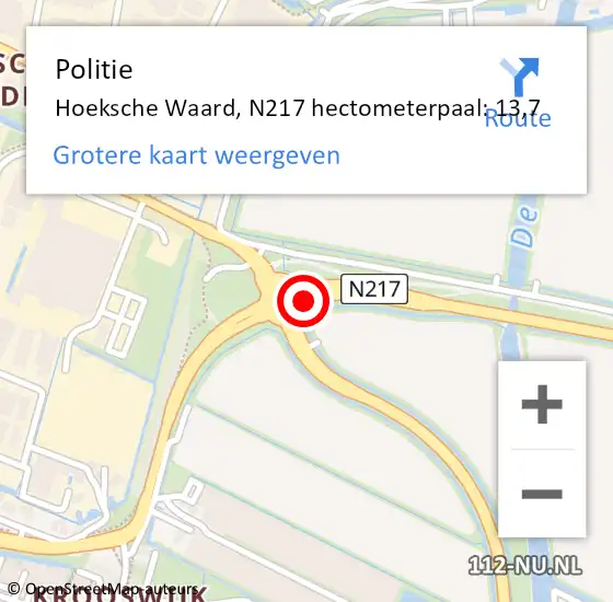 Locatie op kaart van de 112 melding: Politie Hoeksche Waard, N217 hectometerpaal: 13,7 op 15 april 2023 22:30