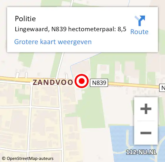 Locatie op kaart van de 112 melding: Politie Lingewaard, N839 hectometerpaal: 8,5 op 16 april 2023 01:37