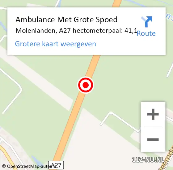 Locatie op kaart van de 112 melding: Ambulance Met Grote Spoed Naar Molenlanden, A27 hectometerpaal: 41,1 op 16 april 2023 07:39