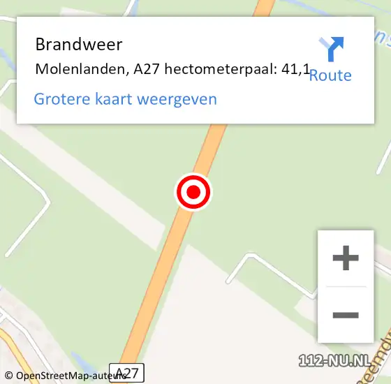 Locatie op kaart van de 112 melding: Brandweer Molenlanden, A27 hectometerpaal: 41,1 op 16 april 2023 07:43