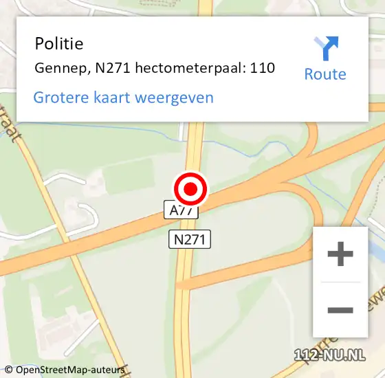 Locatie op kaart van de 112 melding: Politie Gennep, N271 hectometerpaal: 110 op 16 april 2023 08:25