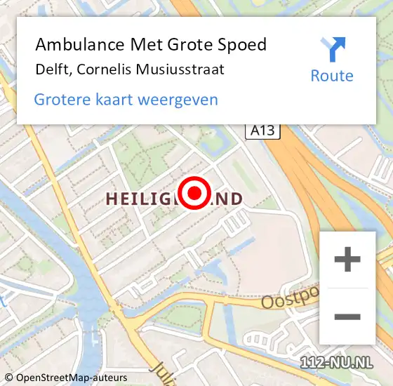 Locatie op kaart van de 112 melding: Ambulance Met Grote Spoed Naar Delft, Cornelis Musiusstraat op 16 april 2023 15:22