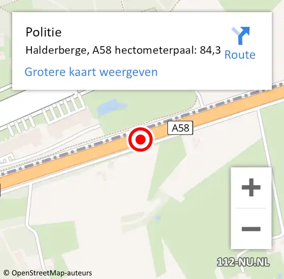 Locatie op kaart van de 112 melding: Politie Halderberge, A58 hectometerpaal: 84,3 op 16 april 2023 16:53