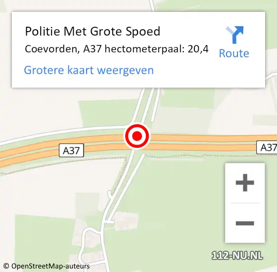 Locatie op kaart van de 112 melding: Politie Met Grote Spoed Naar Coevorden, A37 hectometerpaal: 20,4 op 16 april 2023 17:01