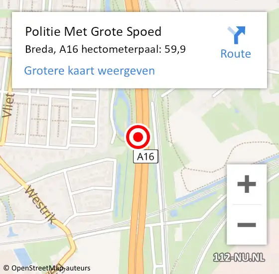 Locatie op kaart van de 112 melding: Politie Met Grote Spoed Naar Breda, A16 hectometerpaal: 59,9 op 16 april 2023 17:50
