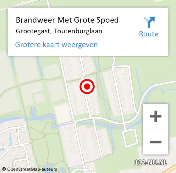 Locatie op kaart van de 112 melding: Brandweer Met Grote Spoed Naar Grootegast, Toutenburglaan op 16 april 2023 17:54