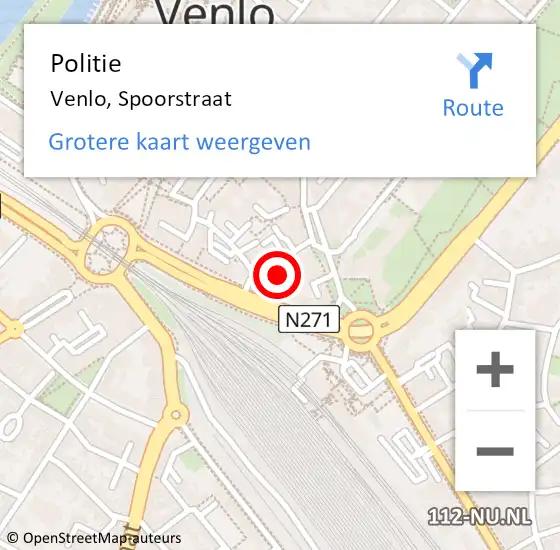 Locatie op kaart van de 112 melding: Politie Venlo, Spoorstraat op 16 april 2023 17:58