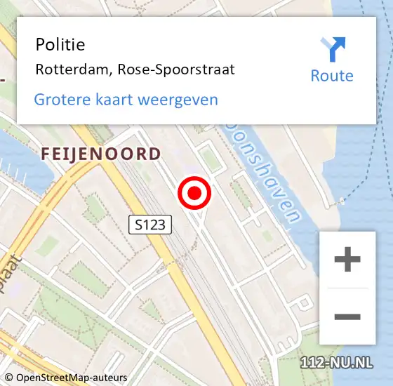 Locatie op kaart van de 112 melding: Politie Rotterdam, Rose-Spoorstraat op 16 april 2023 18:57