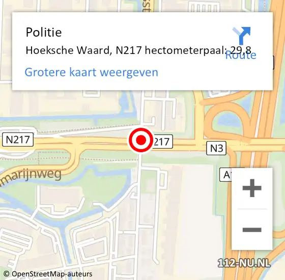 Locatie op kaart van de 112 melding: Politie Hoeksche Waard, N217 hectometerpaal: 29,8 op 16 april 2023 19:15