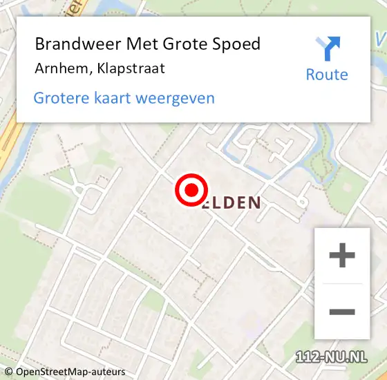 Locatie op kaart van de 112 melding: Brandweer Met Grote Spoed Naar Arnhem, Klapstraat op 16 april 2023 19:20