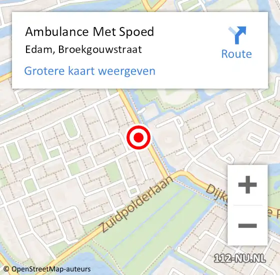 Locatie op kaart van de 112 melding: Ambulance Met Spoed Naar Edam, Broekgouwstraat op 16 april 2023 23:40