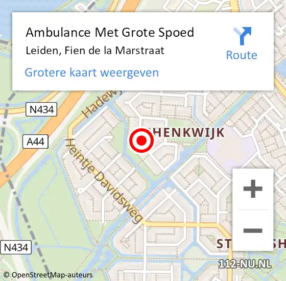 Locatie op kaart van de 112 melding: Ambulance Met Grote Spoed Naar Leiden, Fien de la Marstraat op 17 april 2023 01:27