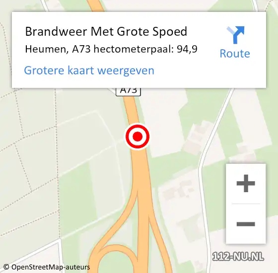 Locatie op kaart van de 112 melding: Brandweer Met Grote Spoed Naar Heumen, A73 hectometerpaal: 94,9 op 17 april 2023 01:43