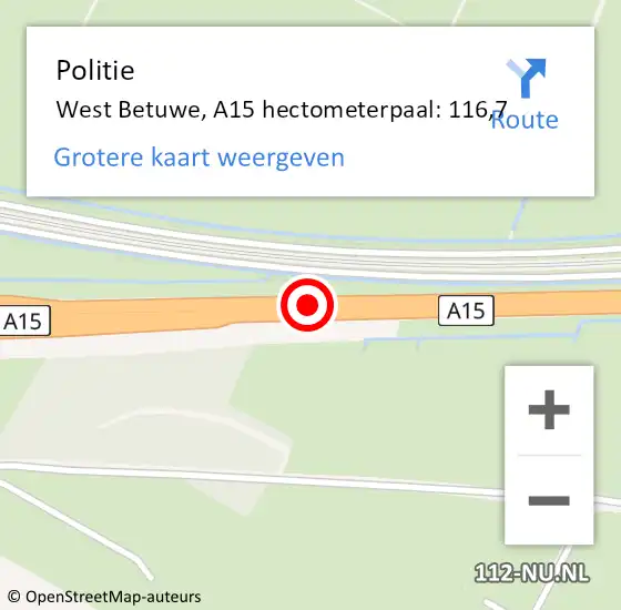 Locatie op kaart van de 112 melding: Politie West Betuwe, A15 hectometerpaal: 116,7 op 17 april 2023 09:05