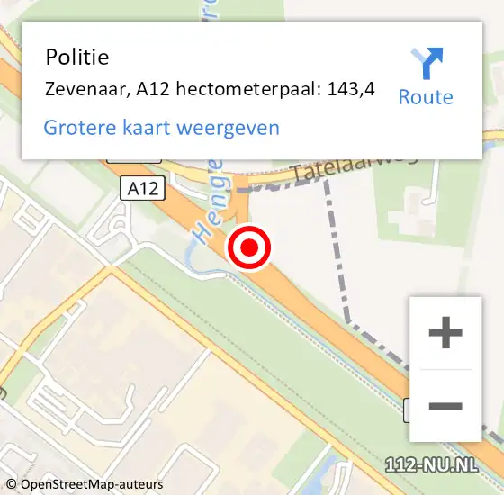 Locatie op kaart van de 112 melding: Politie Zevenaar, A12 hectometerpaal: 143,4 op 17 april 2023 15:23