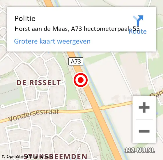 Locatie op kaart van de 112 melding: Politie Horst aan de Maas, A73 hectometerpaal: 55 op 17 april 2023 16:43