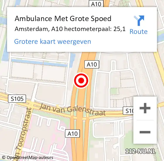 Locatie op kaart van de 112 melding: Ambulance Met Grote Spoed Naar Amsterdam, A10 hectometerpaal: 25,1 op 17 april 2023 17:17