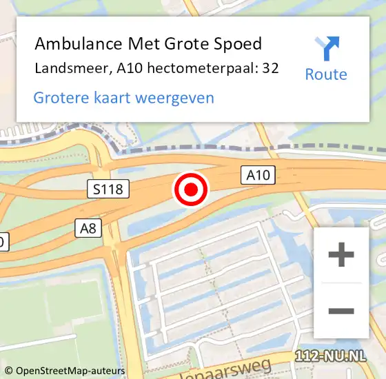 Locatie op kaart van de 112 melding: Ambulance Met Grote Spoed Naar Landsmeer, A10 hectometerpaal: 32 op 17 april 2023 18:32