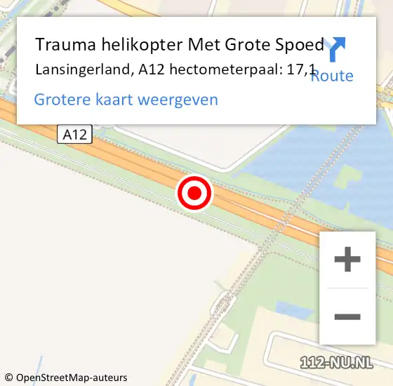 Locatie op kaart van de 112 melding: Trauma helikopter Met Grote Spoed Naar Lansingerland, A12 hectometerpaal: 17,1 op 18 april 2023 07:33