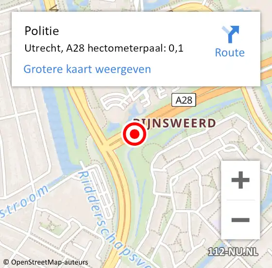 Locatie op kaart van de 112 melding: Politie Utrecht, A28 hectometerpaal: 0,1 op 18 april 2023 10:52