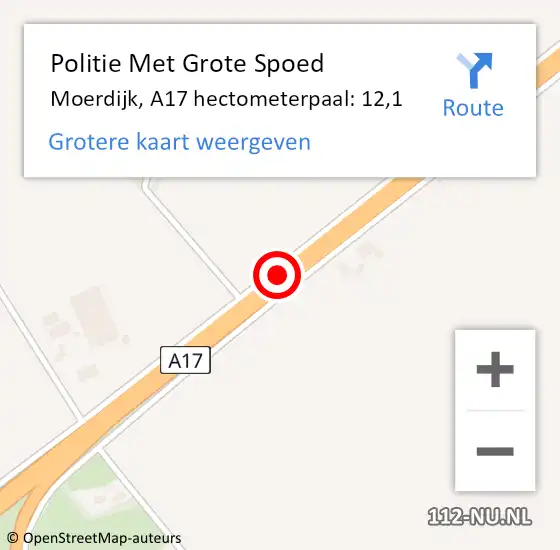 Locatie op kaart van de 112 melding: Politie Met Grote Spoed Naar Moerdijk, A17 hectometerpaal: 12,1 op 18 april 2023 10:57