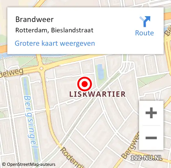 Locatie op kaart van de 112 melding: Brandweer Rotterdam, Bieslandstraat op 18 april 2023 11:53