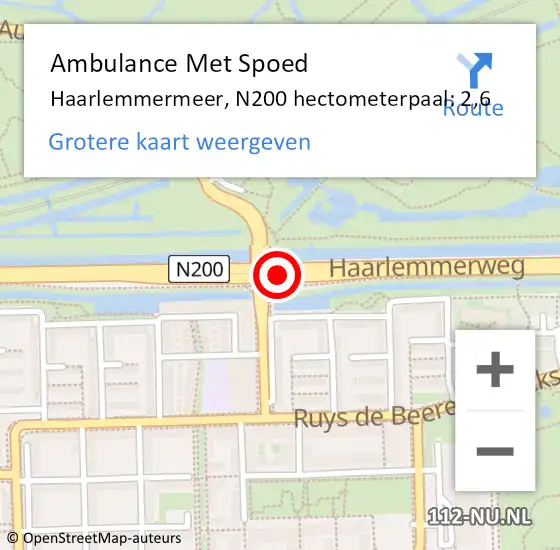 Locatie op kaart van de 112 melding: Ambulance Met Spoed Naar Haarlemmermeer, N200 hectometerpaal: 2,6 op 18 april 2023 13:46