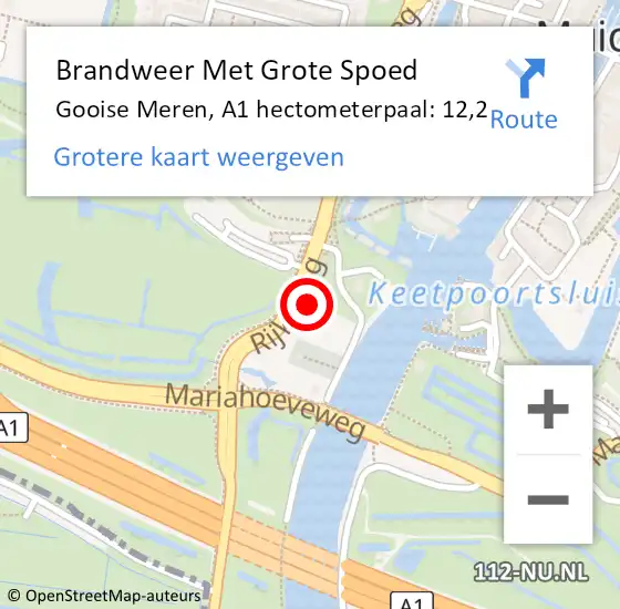 Locatie op kaart van de 112 melding: Brandweer Met Grote Spoed Naar Gooise Meren, A1 hectometerpaal: 12,2 op 18 april 2023 14:51